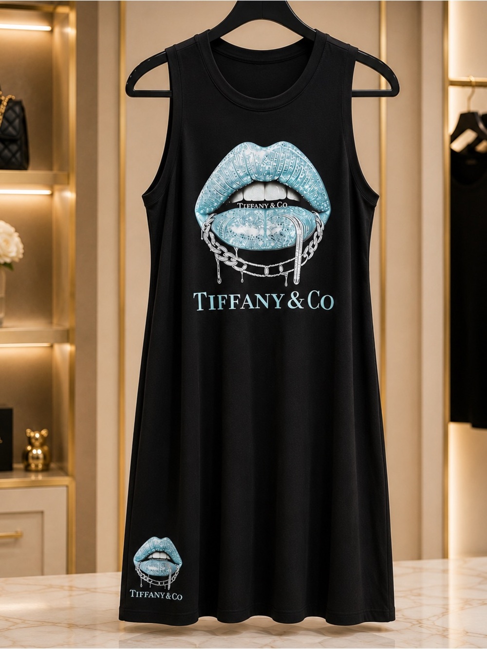 Black Sleeveless Graphic Slip Dress with Blue Lip Print